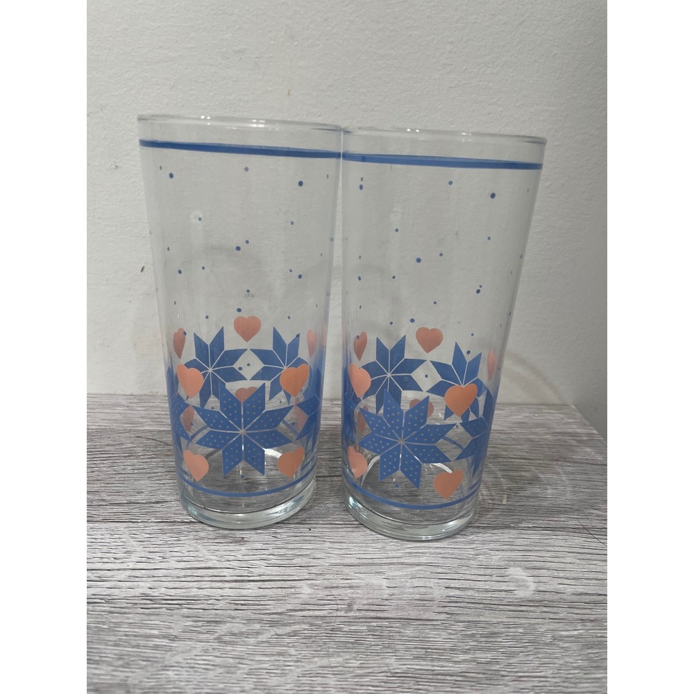 Vintage LIBBEY Snowflake and Heart Glass Tumblers Set of 2 Blue Peach Folk Art